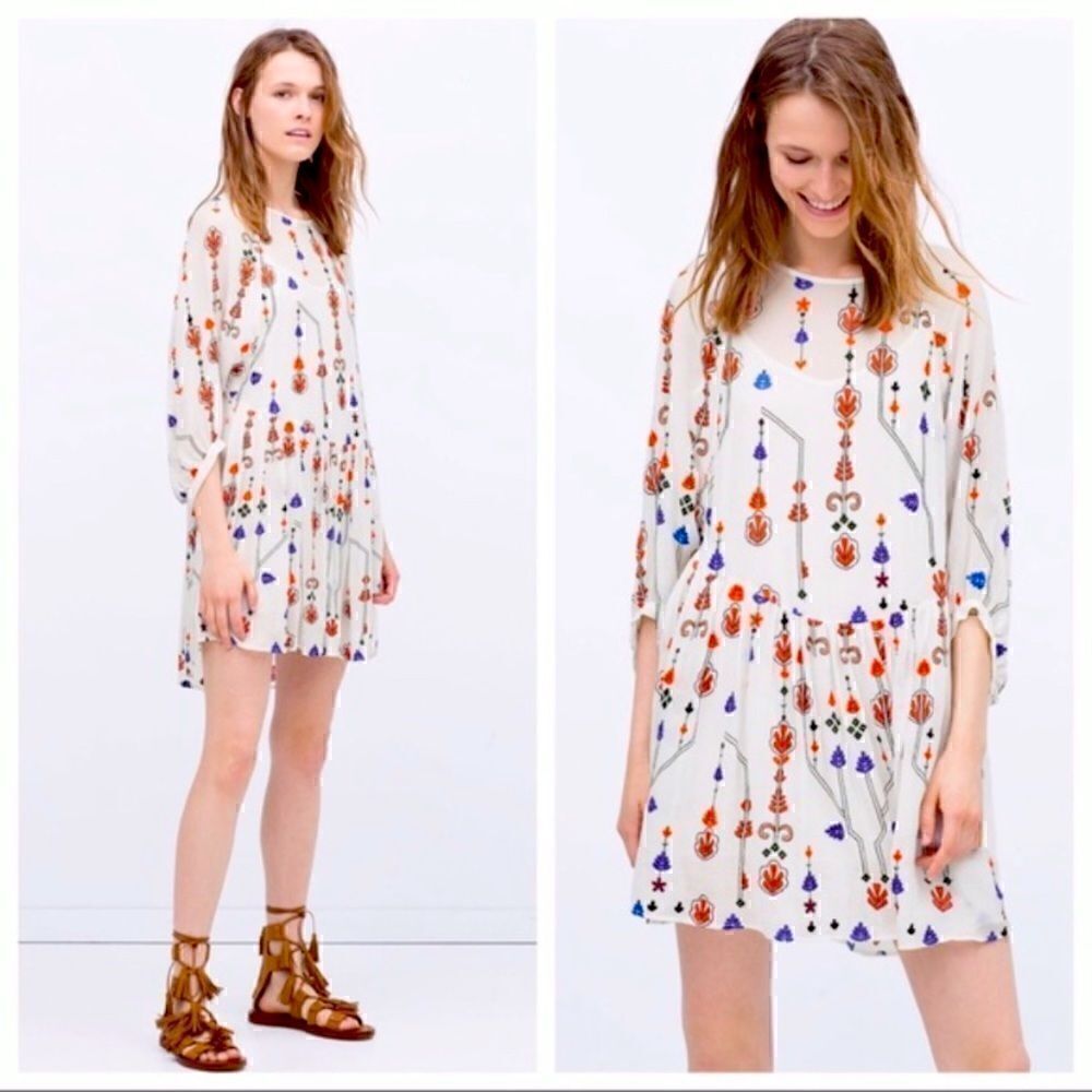 Zara Woman Embroidered Blouson Mini Shift Festival Casual Dress Boho Size Small